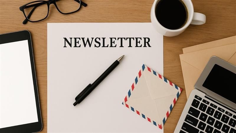 Newsletter paper on a desk with a pen, coffee cup, laptop, tablet, glasses, and envelopes