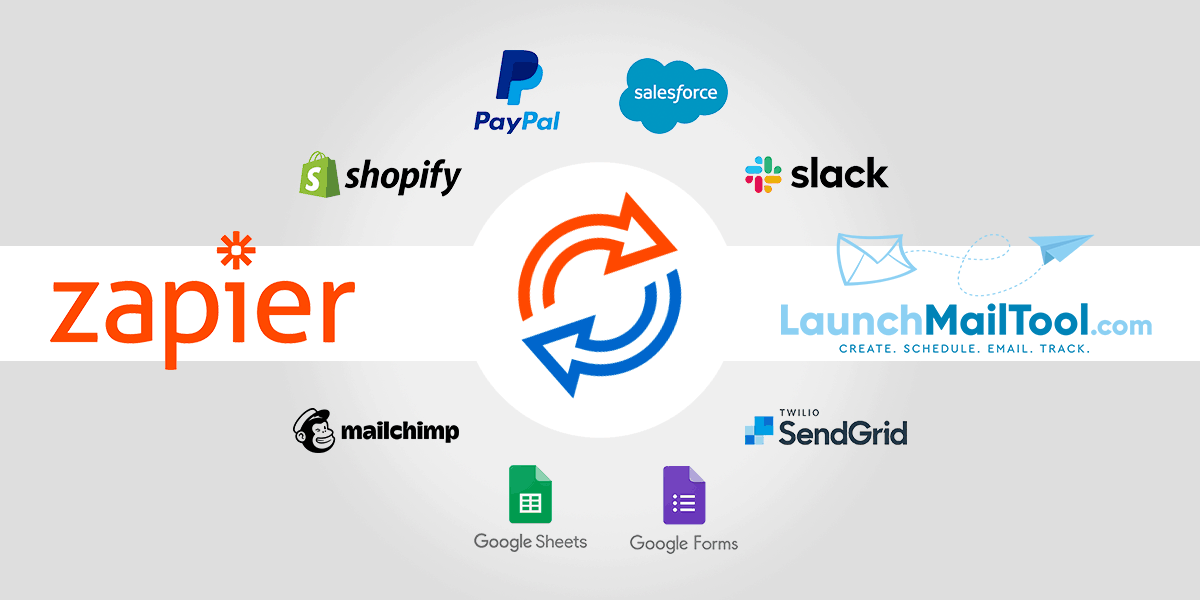 a collage of logos including zapier shopify slack and launchmailtool.com