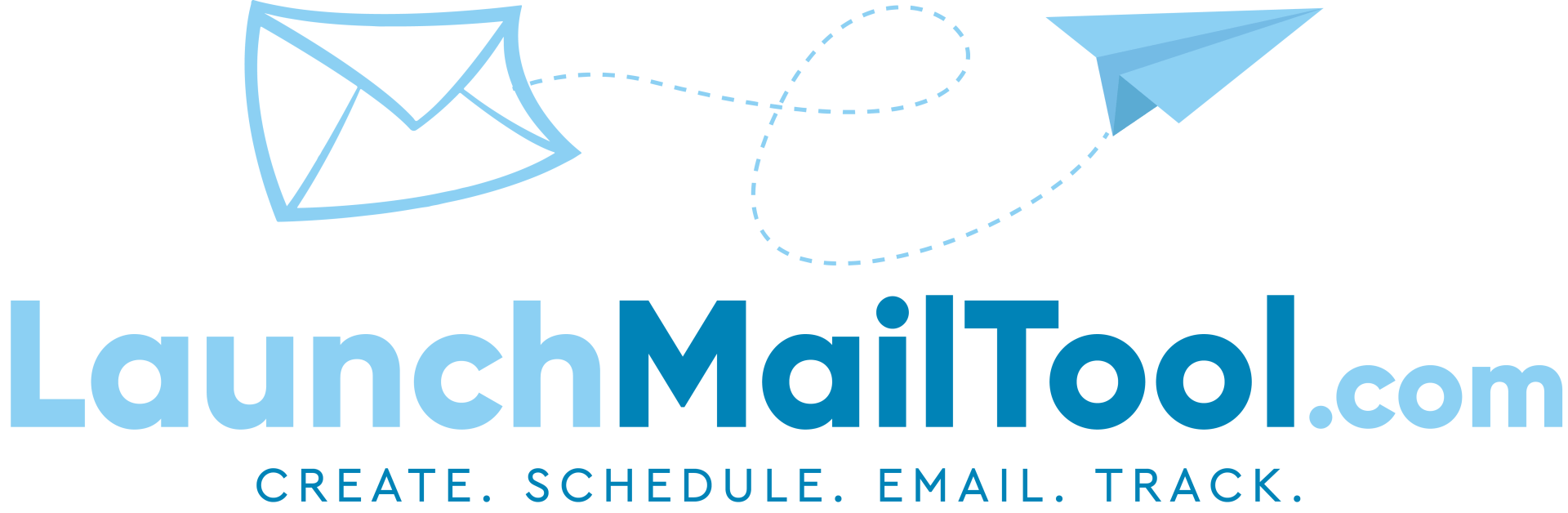 a blue and white logo for launchmailtool.com