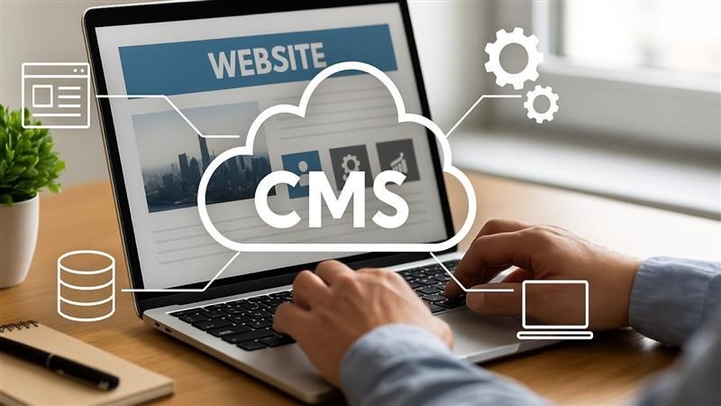 Person managing a website on a laptop using a cloud-based CMS interface, with technology and data icons overlayed.