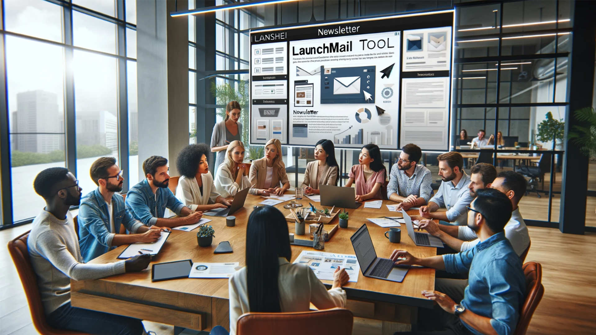 A group of people are sitting around a table in a conference room.