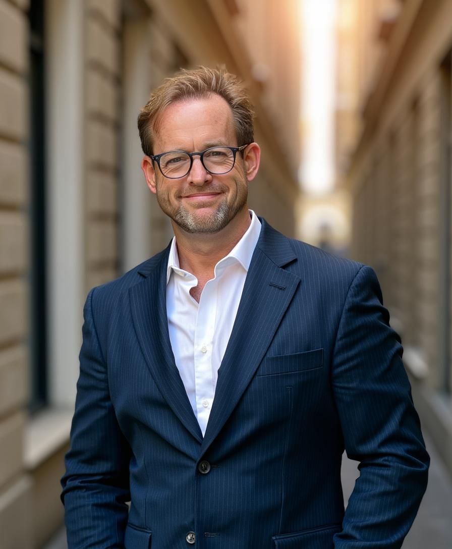Man in navy blazer and glasses smiling, standing outdoors between buildings.