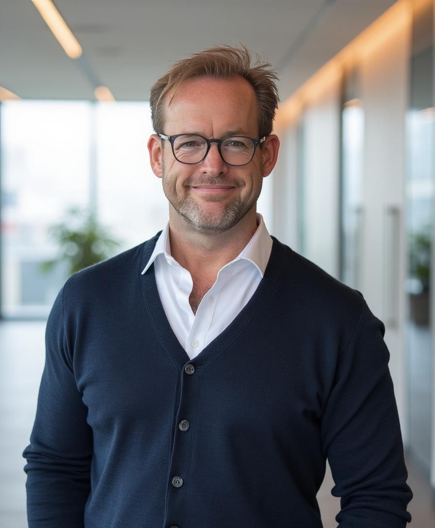 Man with glasses smiles, wearing a white shirt and blue cardigan, indoors, office setting.