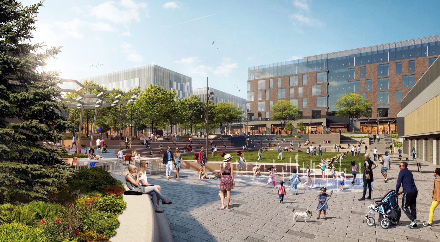 People relaxing in a sunny urban plaza with water features and modern buildings in the background