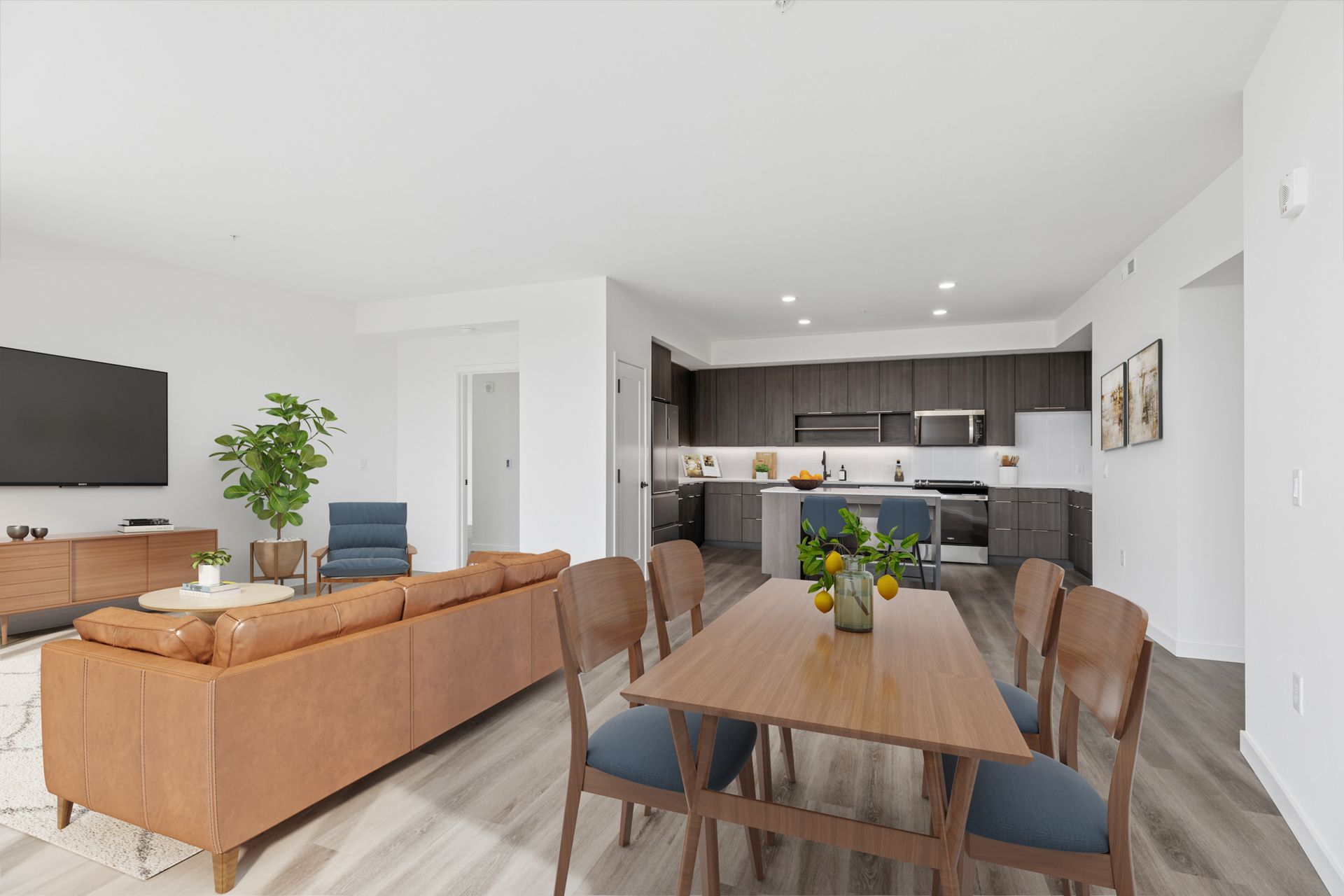 Open-plan living room and kitchen with tan sofa, dining table, and dark cabinets