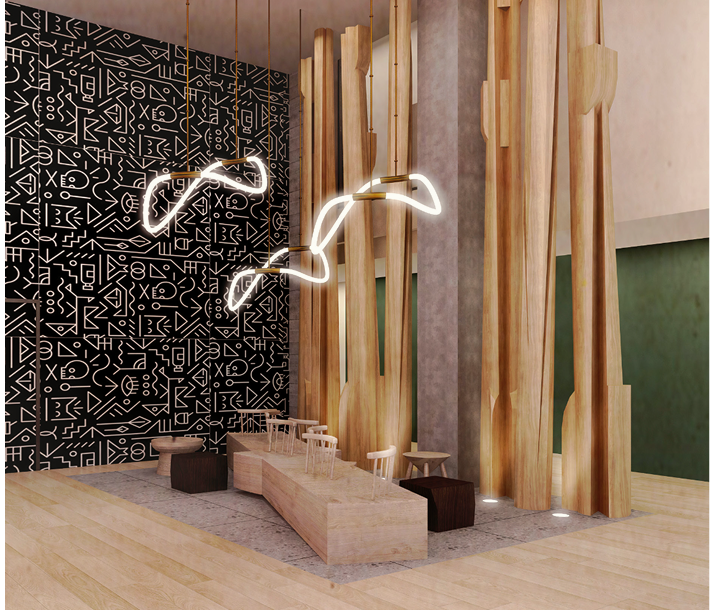 Modern lobby with sculptural wooden columns, patterned black wall, and glowing abstract light fixtures