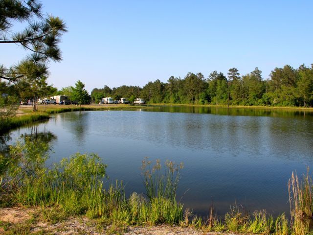 A calm lake reflects trees and sky. Campers and RVs are visible in the background, under a blue sky.