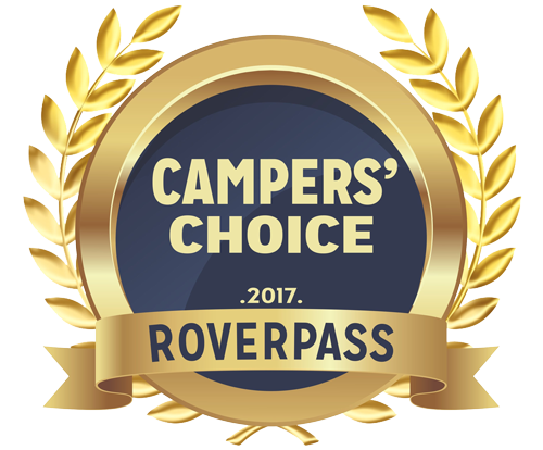 Campers' Choice award logo for RoverPass. Gold laurel wreath, navy circle, gold banner.