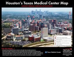 Houston's Texas Medical Center map, aerial view of medical buildings with red markers.