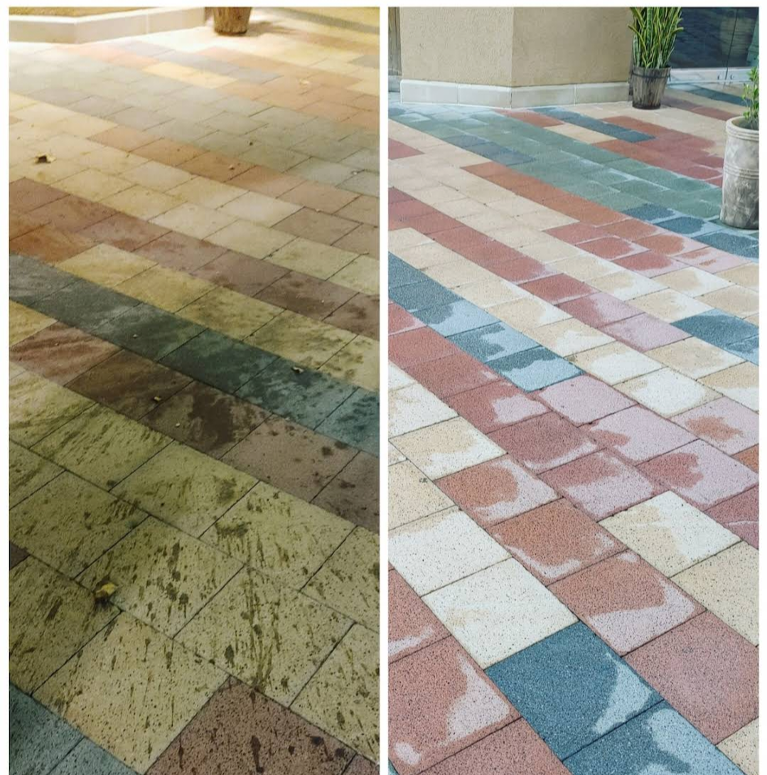 A before and after photo of a brick floor