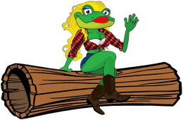 Green frog woman with blonde hair, red lipstick, cowboy boots, and plaid shirt sitting on a log.