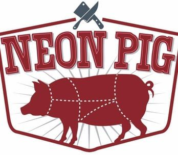 Neon Pig logo with a red pig silhouette showing cuts of meat, with a cleaver and knife above.