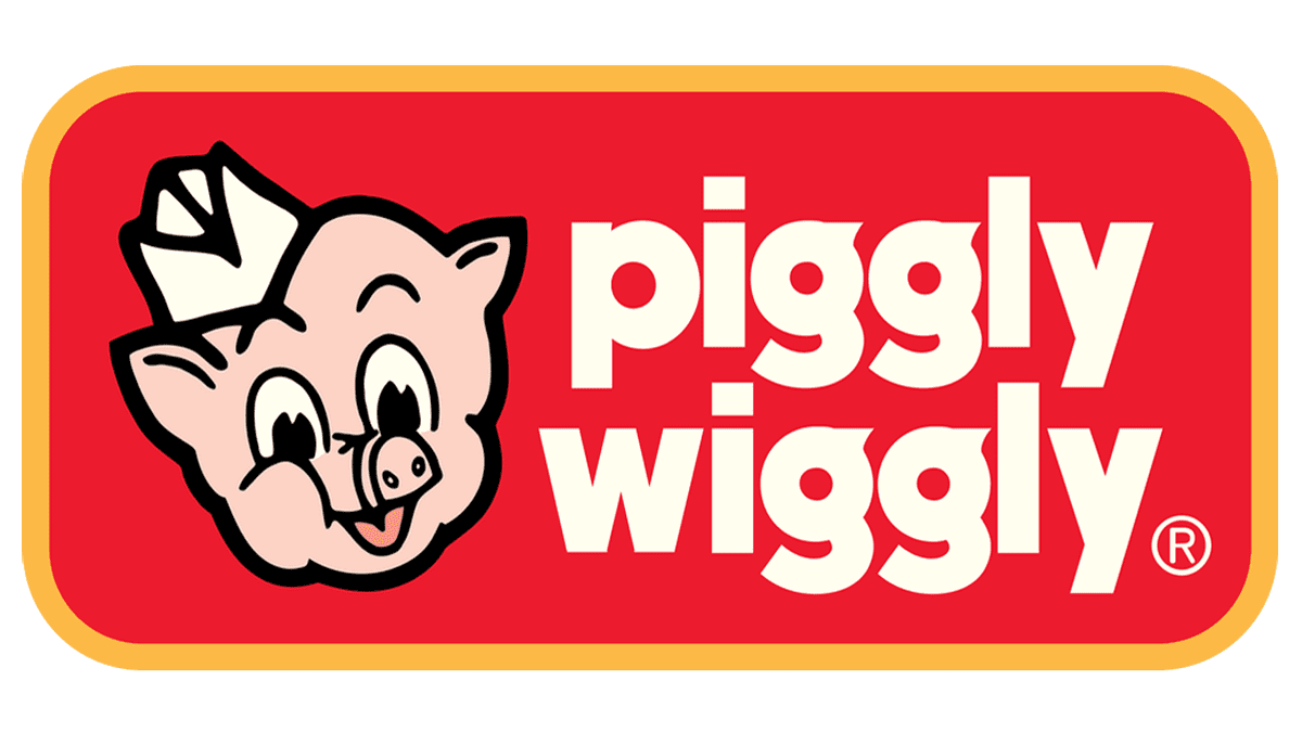 Piggly Wiggly logo: Smiling pig wearing a chef's hat, on a red background with white text.