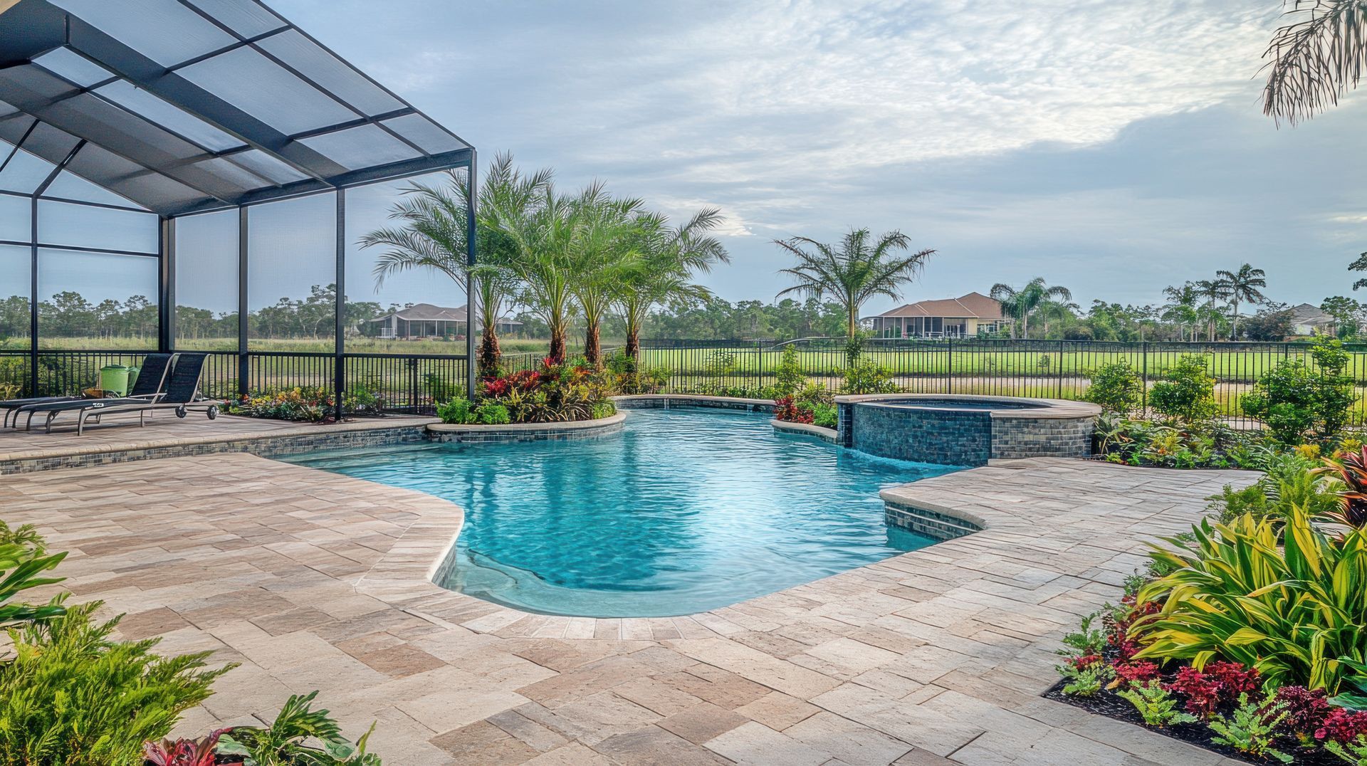 A backyard swimming pool with a stone deck, screened-in area, hot tub, and lush tropical landscaping under a cloudy sky.