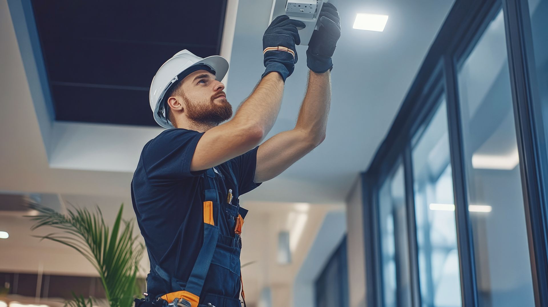 A worker in a hard hat and safety harness installs a light fixture on a ceiling.