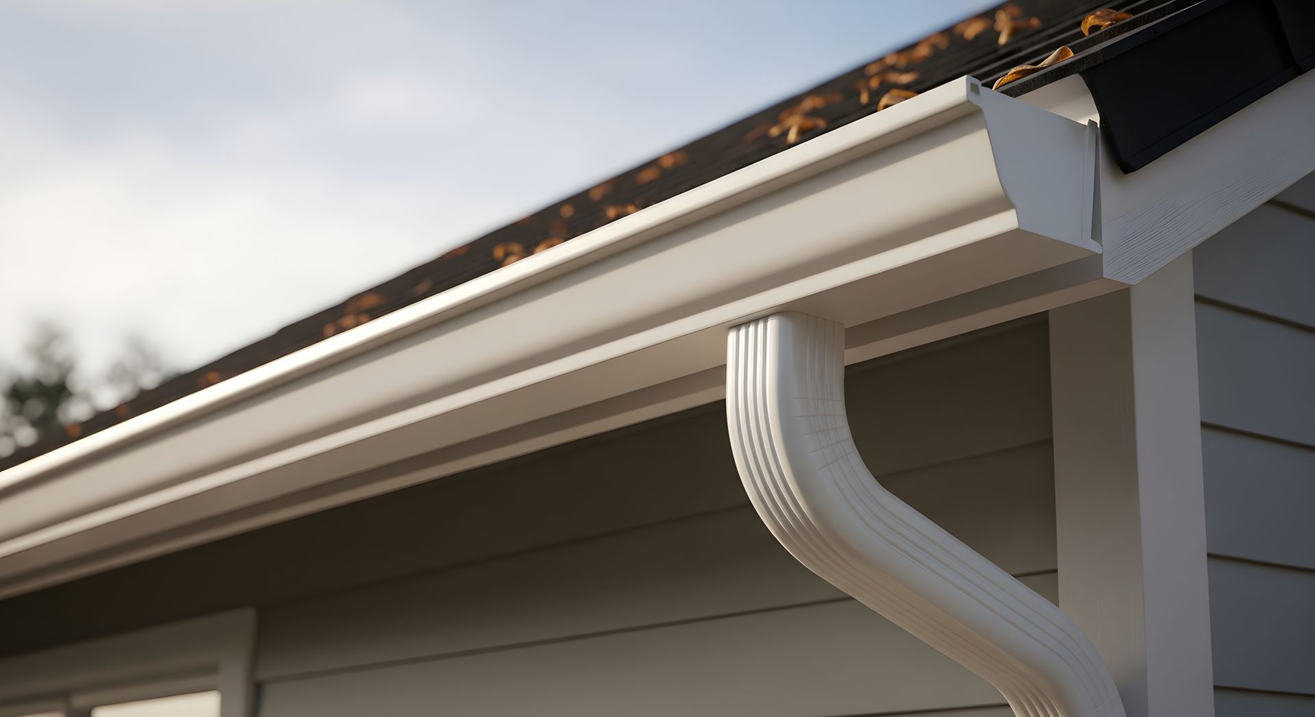 White metal rain gutter attached to the roofline of a house with gray horizontal siding.