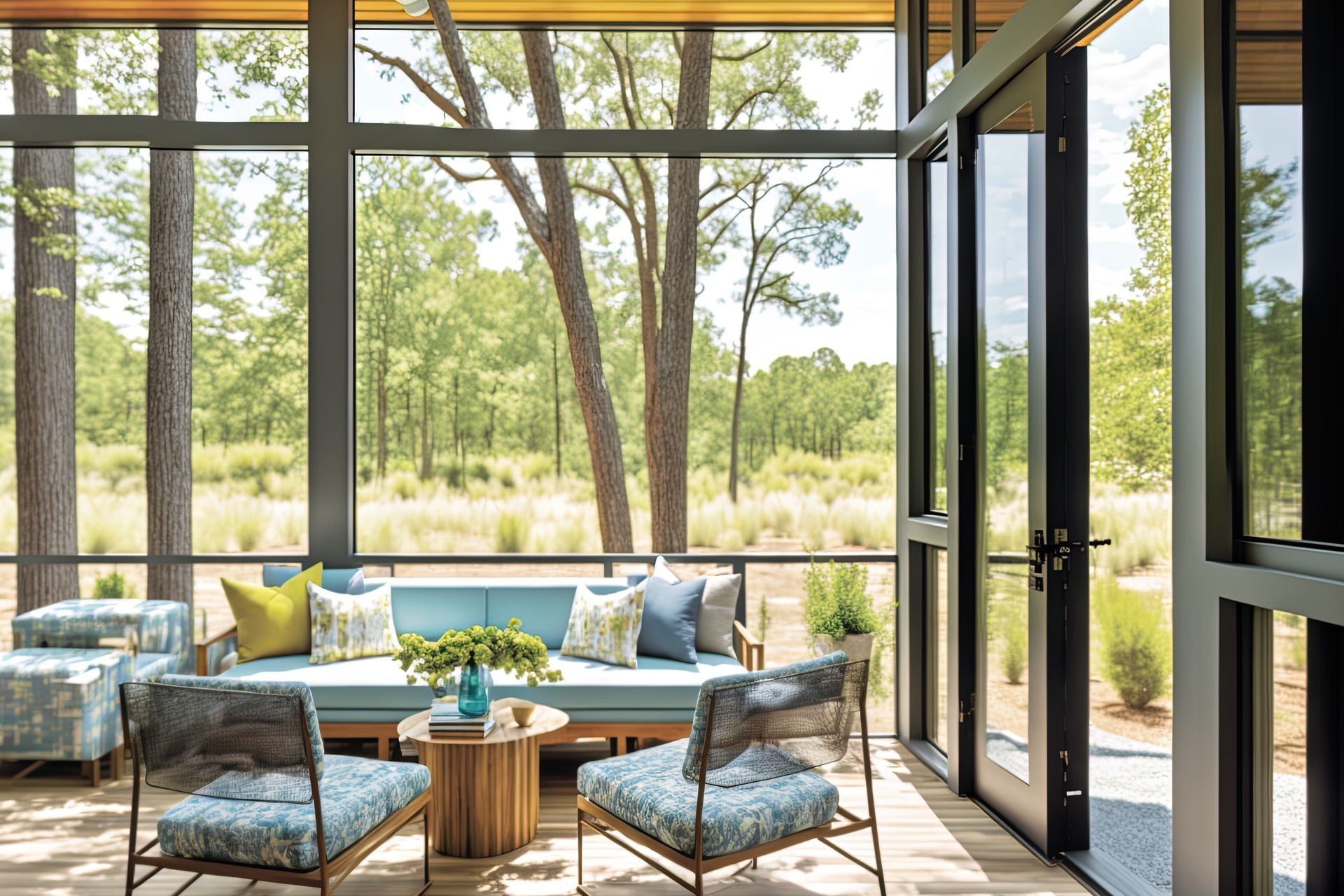 A sunlit, modern screened-in porch with a light blue sofa, two patterned armchairs, and a view of trees and tall grass.