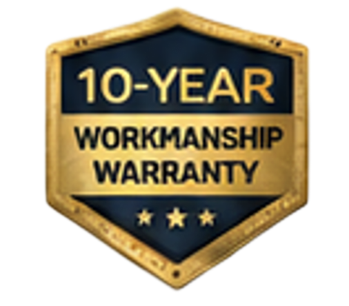 Gold shield badge reading 10-YEAR WORKMANSHIP WARRANTY with three stars on a dark blue center