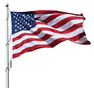The American flag waving on a silver flagpole against a white background. The American flag waving on a silver flagpole against a white background.