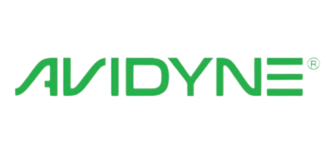 A green and white logo for avidyne on a white background