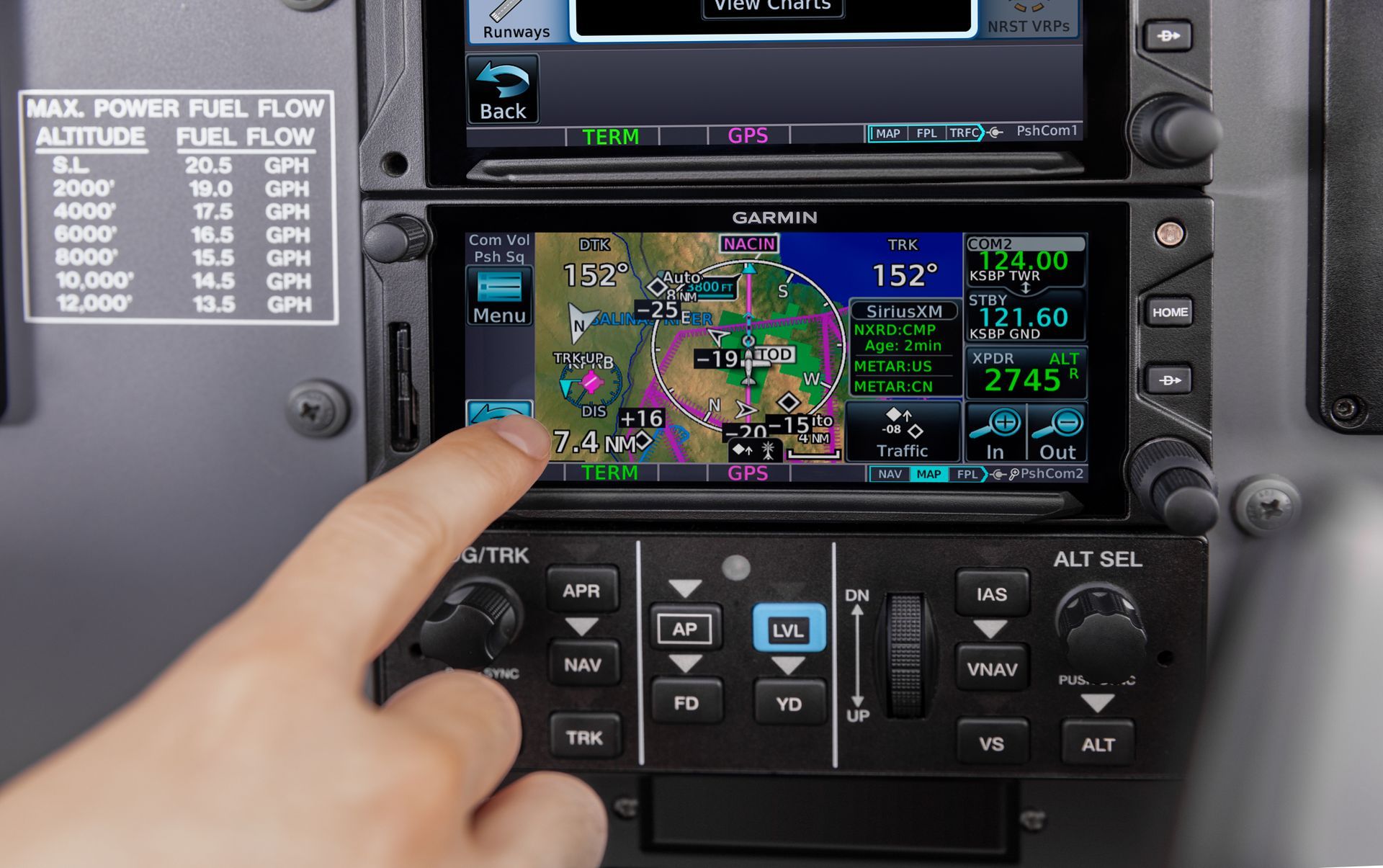 A person is pointing at a Garmin that says max power fuel flow altitude and fuel flow