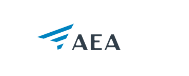 A blue and white logo for aea on a white background