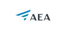 A blue and white logo for aea on a white background