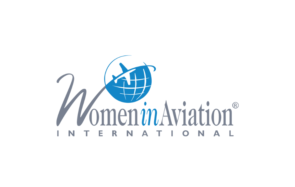 The logo for women in aviation international has a globe and an airplane on it.