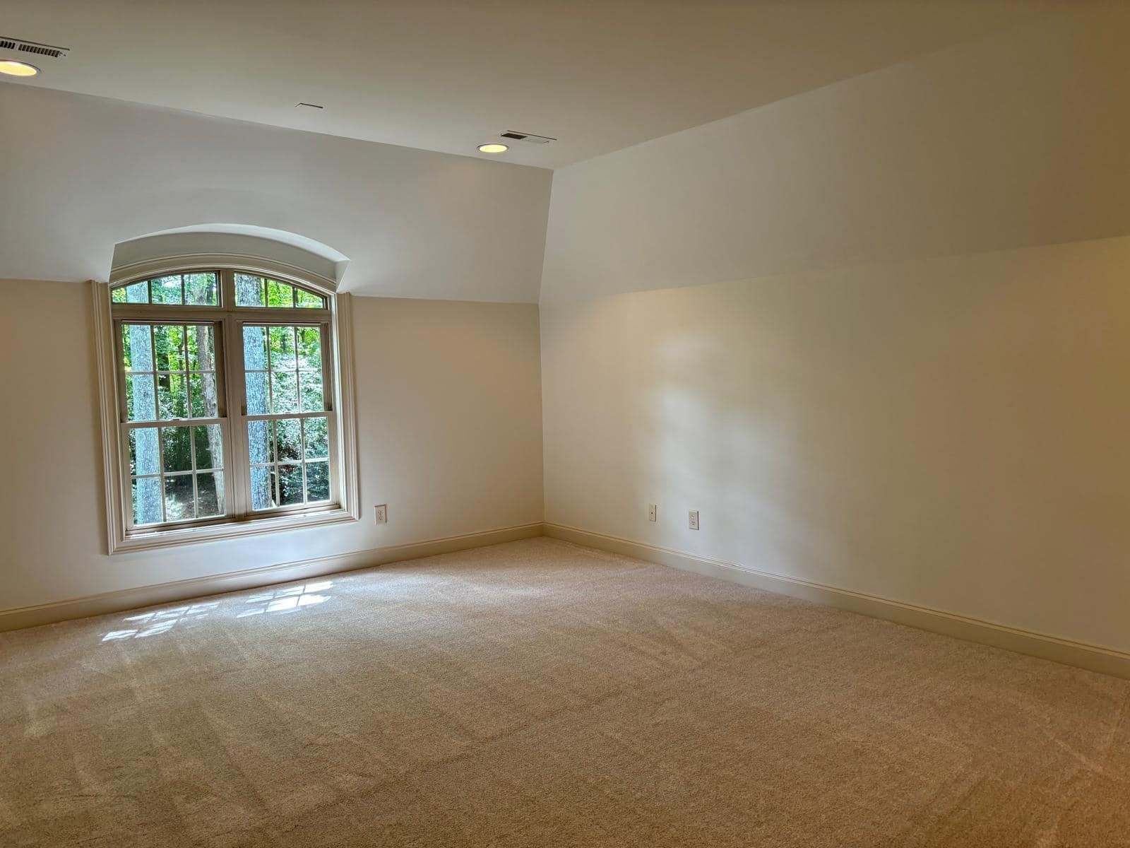 Empty room with beige carpet and walls. A window with a rounded top is on the left.