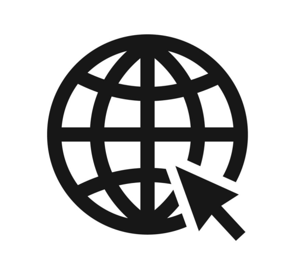 A black and white icon of a globe with an arrow pointing to it.