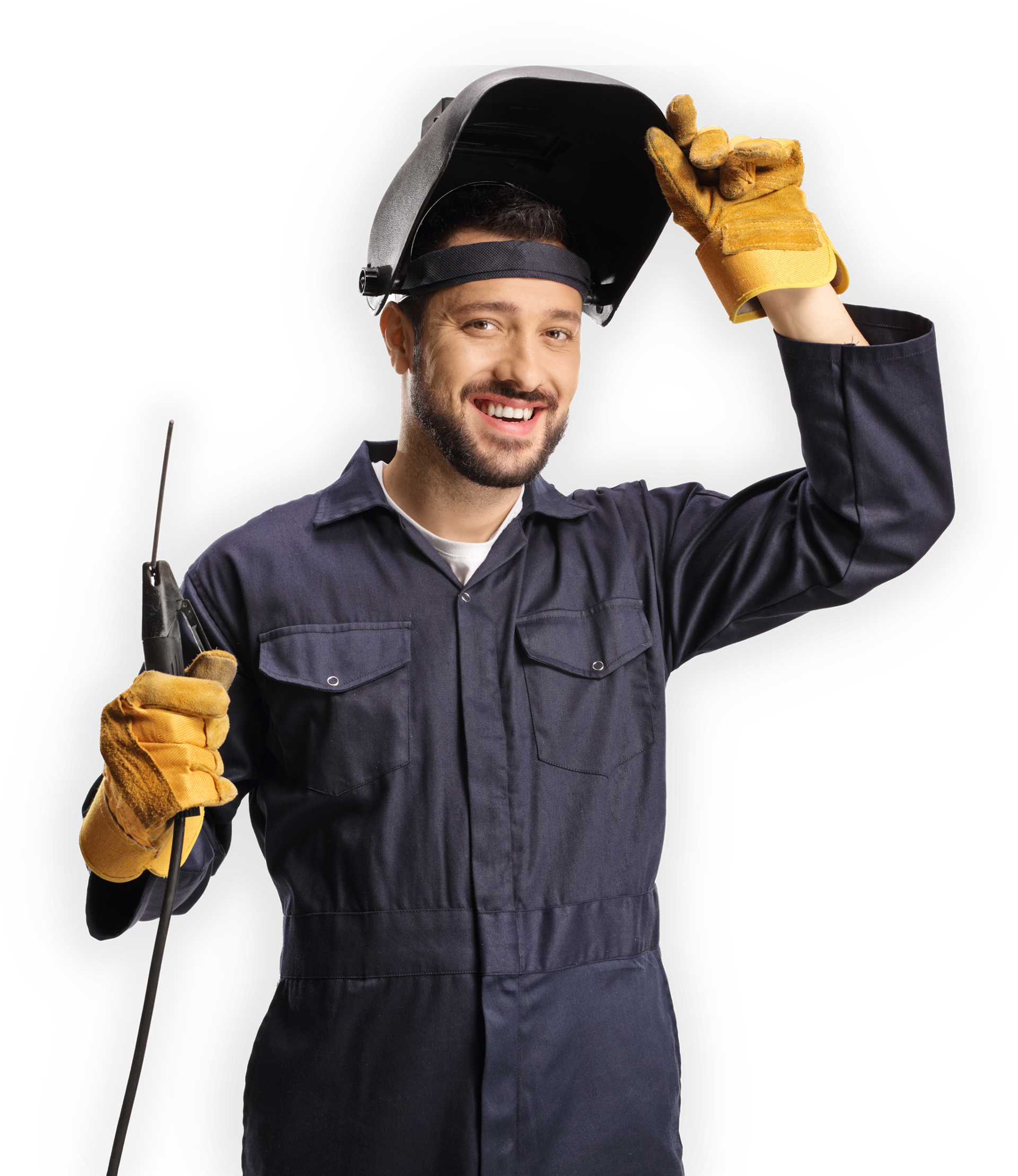 Welder in dark blue jumpsuit, yellow gloves, smiling, raising welding helmet, holding a welding torch