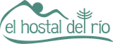 Un logo para el hostal del rio con una montaña y un árbol