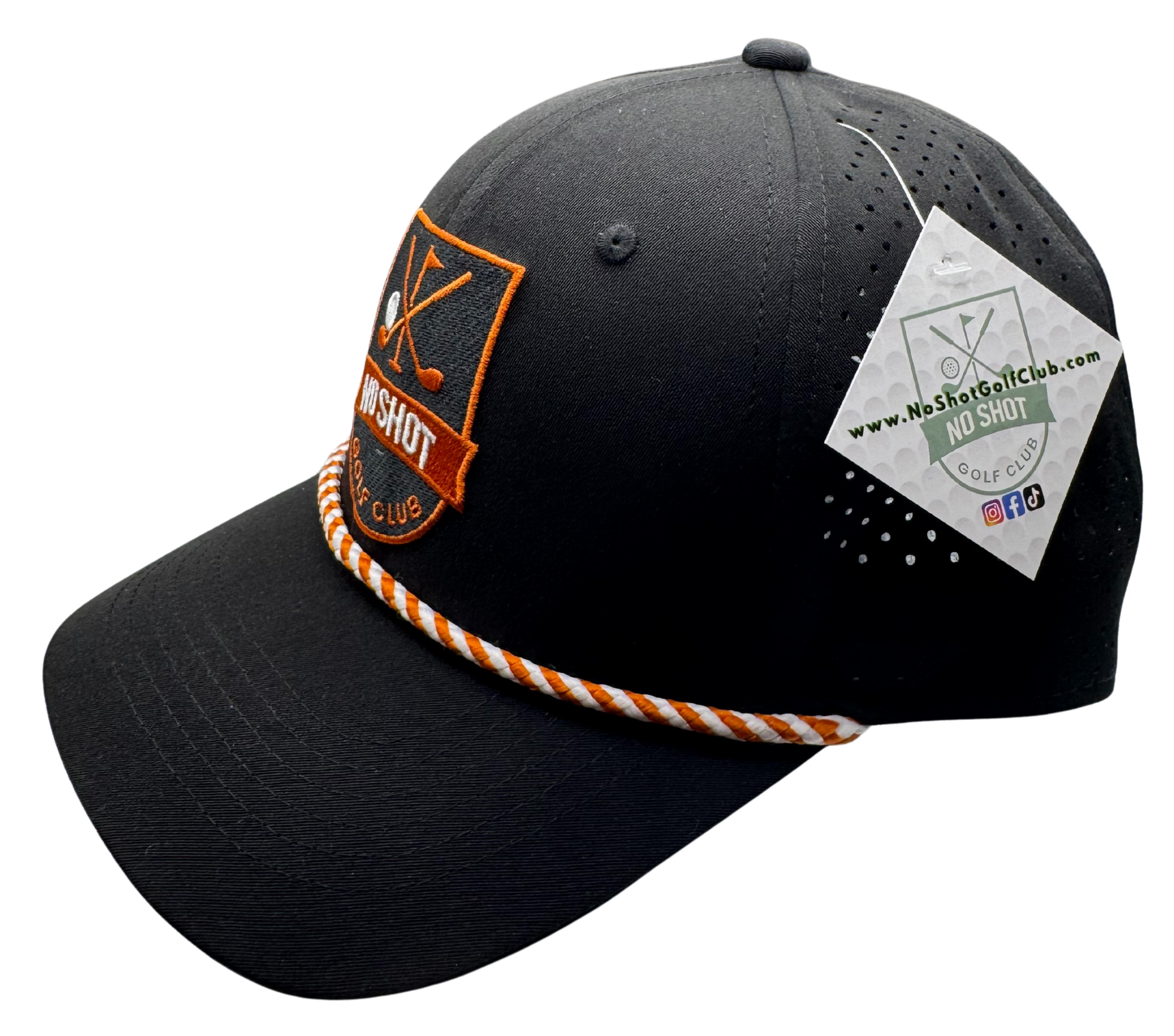 No Shot Golf Club – Black Rope 6-Panel Hat with Burnt Orange Logo