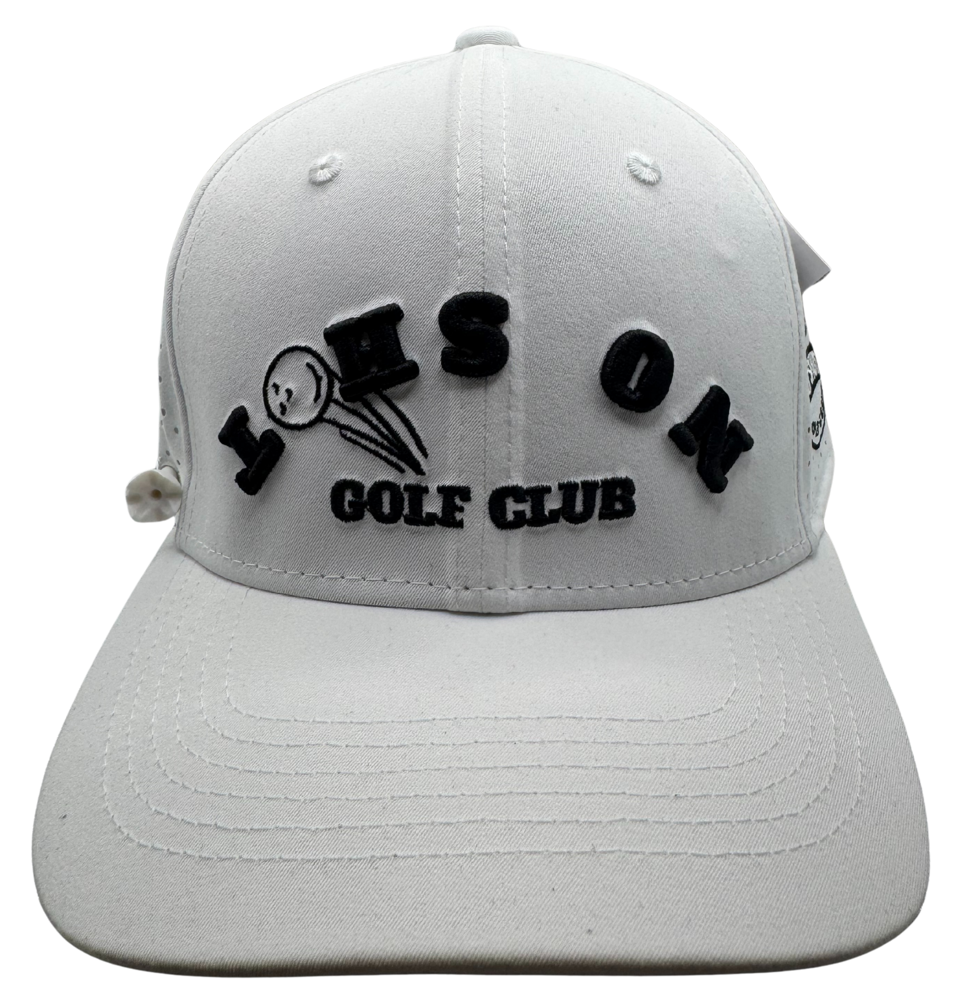 No Shot Golf Club – White 6-Panel Hat with Upside-Down Embossed Logo