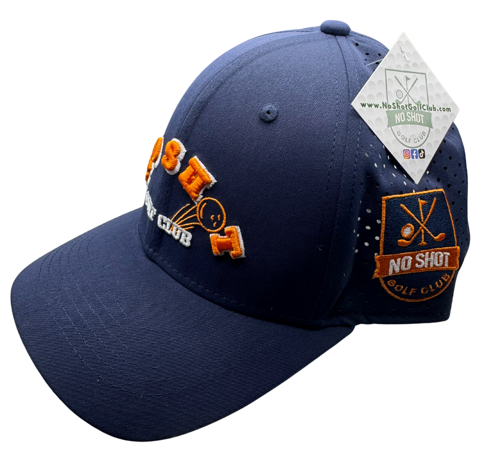 No Shot Golf Club – Navy 6-Panel Hat with Orange Embossed Logo