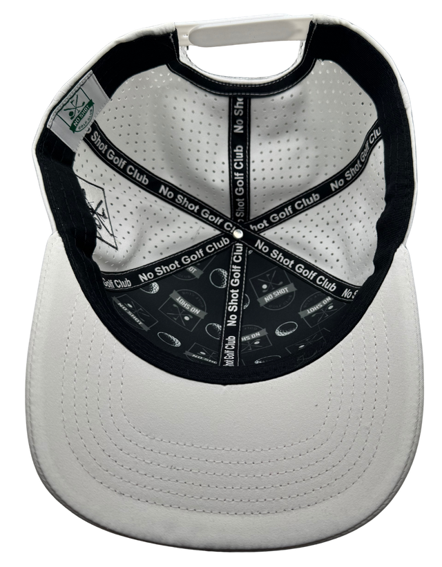 No Shot Golf Club – White 6-Panel Hat with Upside-Down Embossed Logo