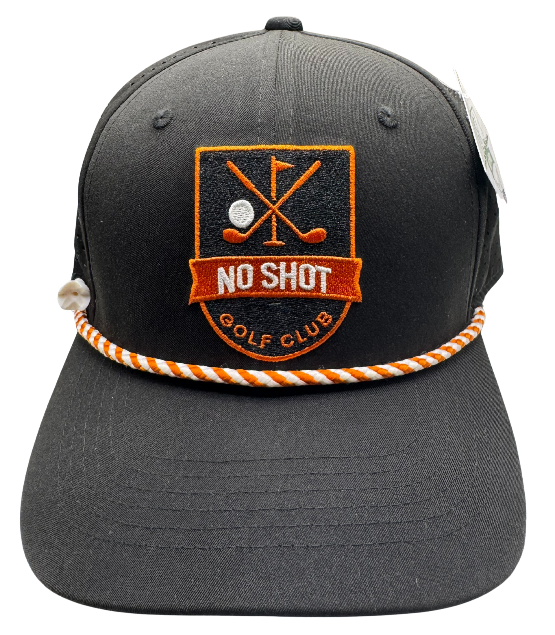 No Shot Golf Club – Black Rope 6-Panel Hat with Burnt Orange Logo