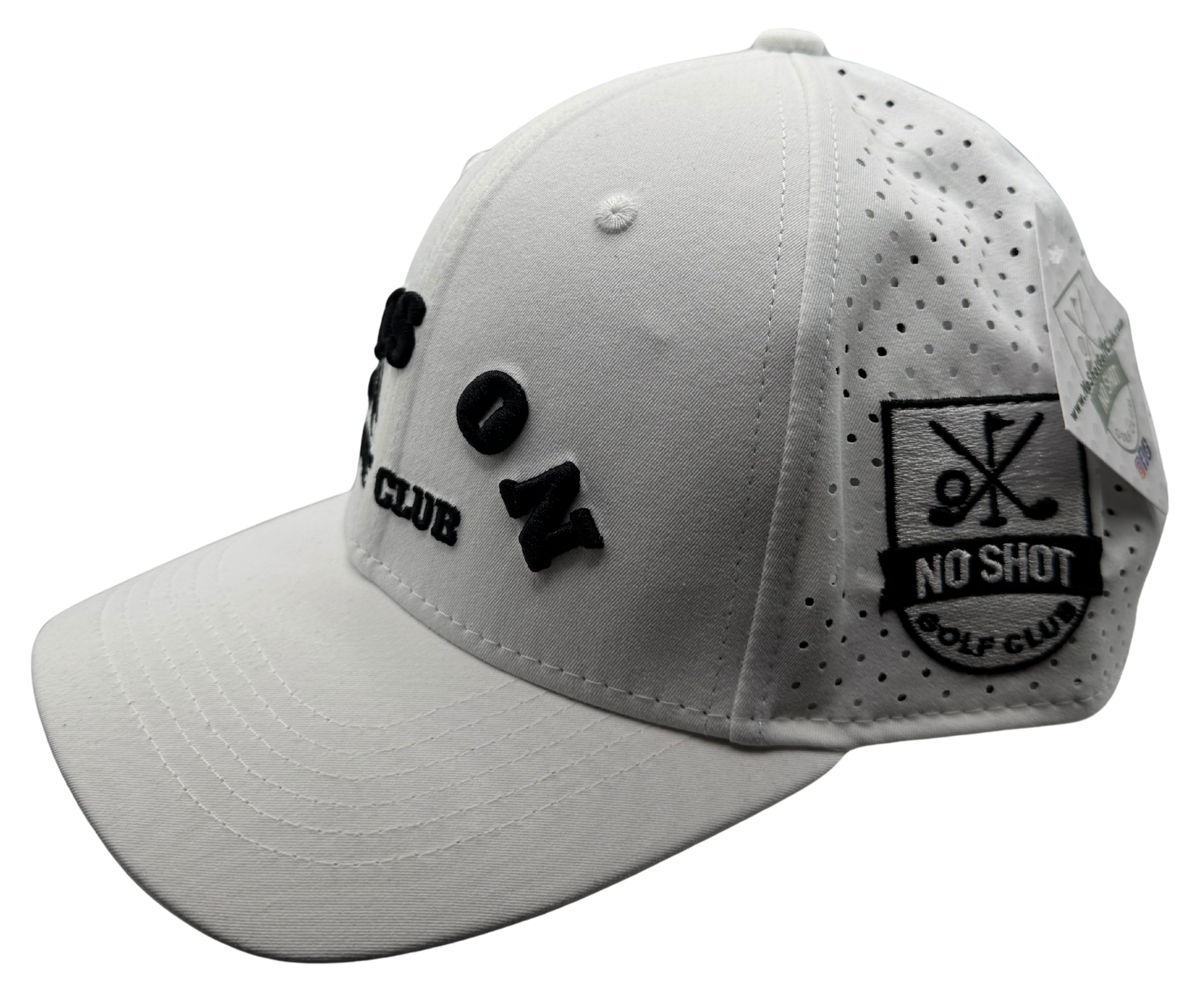No Shot Golf Club – White 6-Panel Hat with Upside-Down Embossed Logo