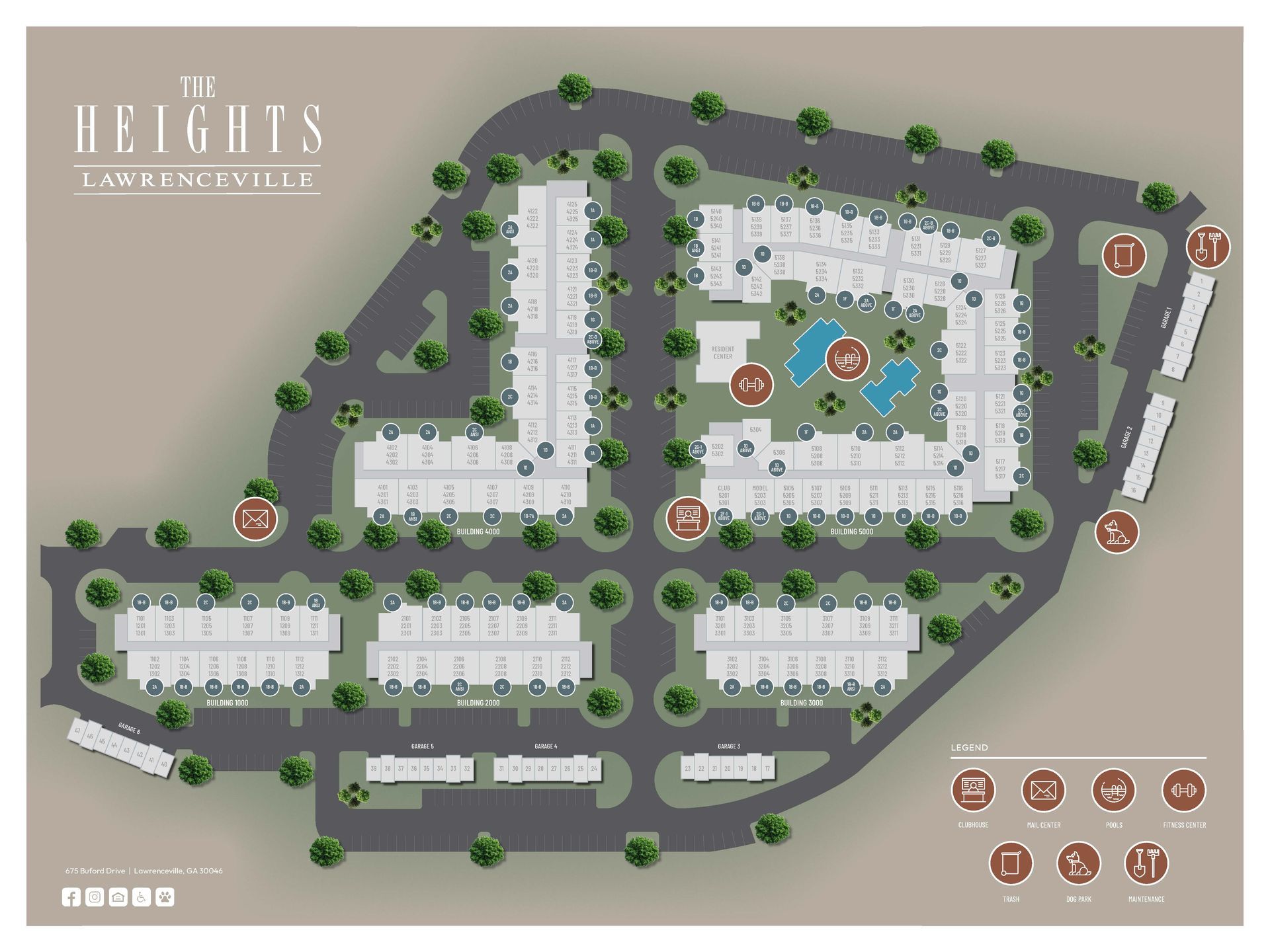 Apartment complex map: The Heights, showing buildings, pool, parking, and landscaping in a light brown color.
