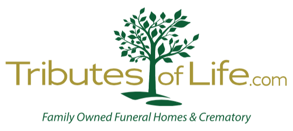Logo for Tributes of Life. Olive-green text with tree icon. 