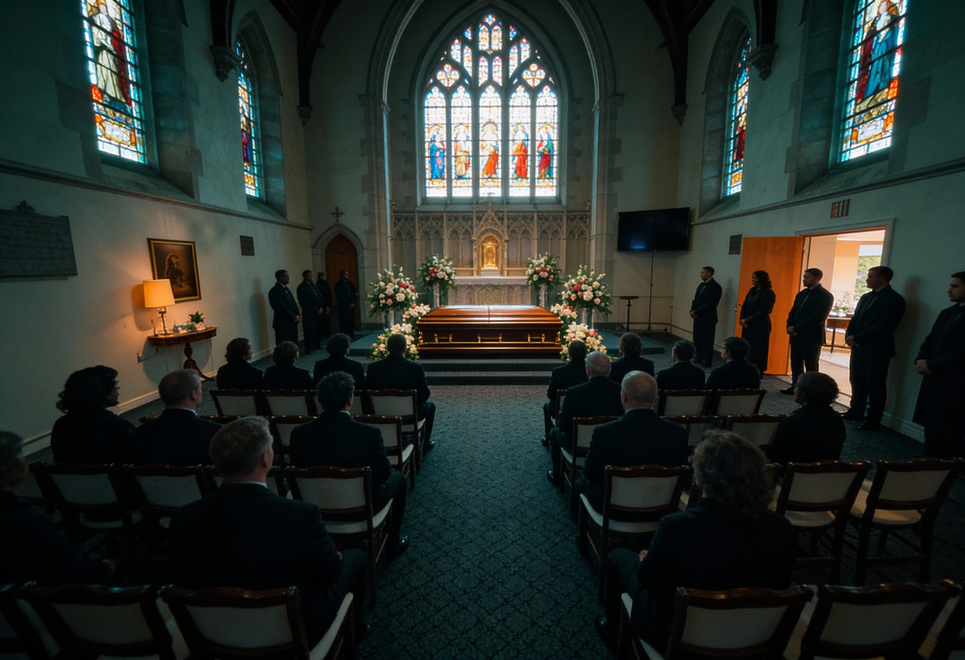 Person in black attire with a bouquet of white lilies, touching a wooden casket in a bright room.