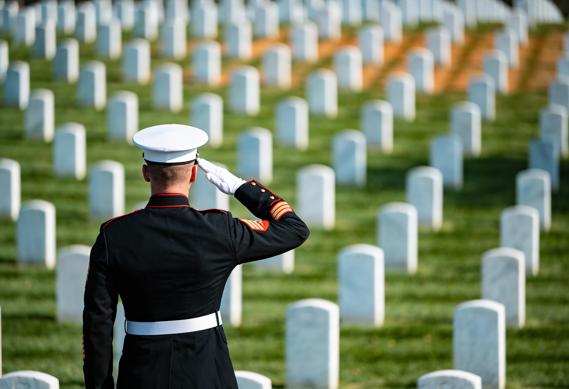A Marine salutes graves at a cemetery, wearing dress uniform, with white headwear and belt.