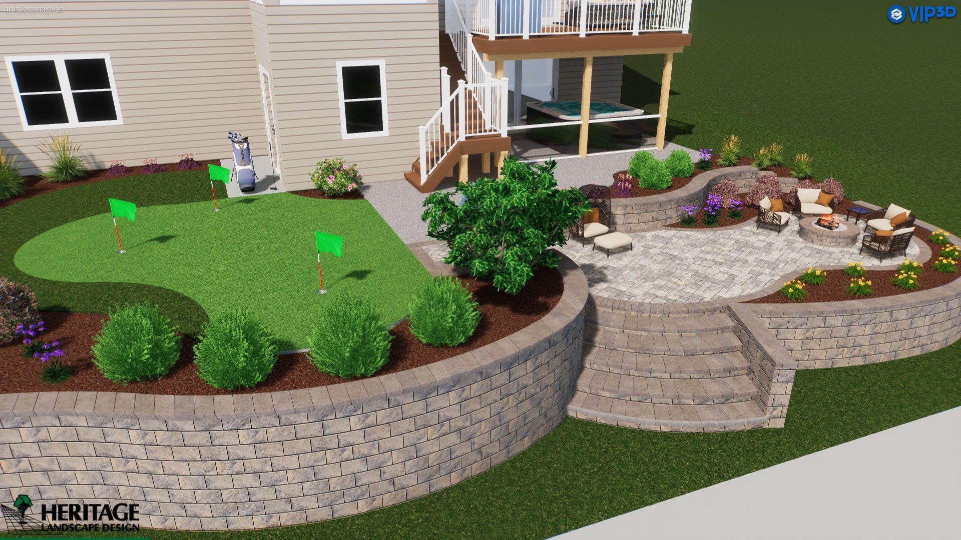 A backyard landscape design featuring a putting green, patio with a fire pit, and multi-level retaining walls.