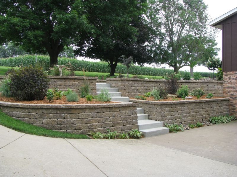 Stone retaining walls with concrete steps leading up to a planted garden. Trees and a field are in the background.
