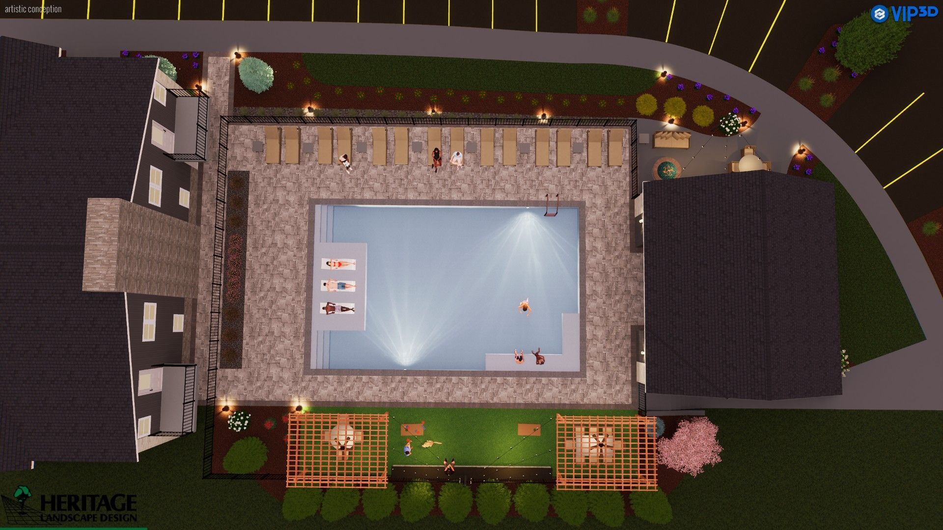 Overhead view of a swimming pool area with lounge chairs, people swimming, landscaping, and buildings at an apartment complex.