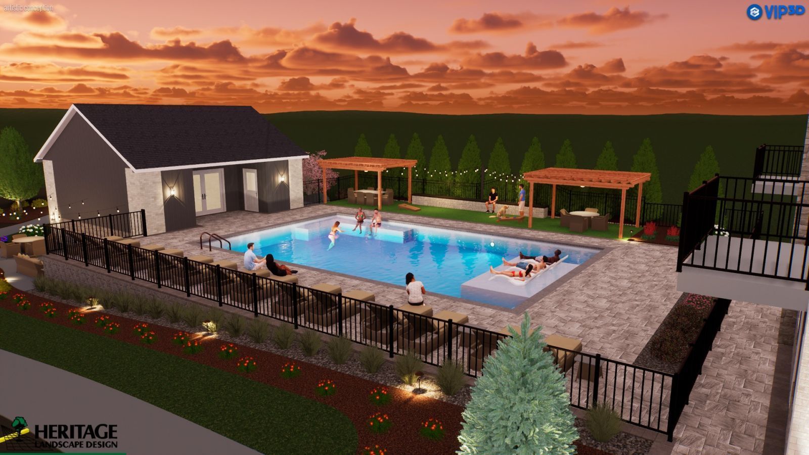 A computer generated image of a swimming pool with people swimming in it.