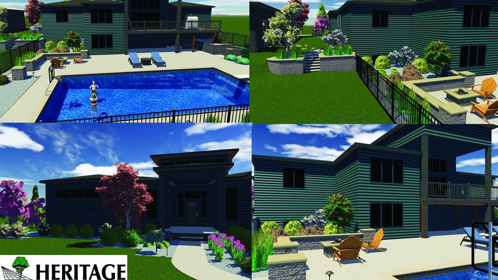Four different views of a modern house with landscaping, including a pool, patio with fire pit, and yard.