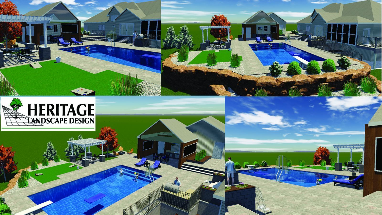 Collage of 3D landscape designs featuring pools, patios, and landscaping elements around residential homes.