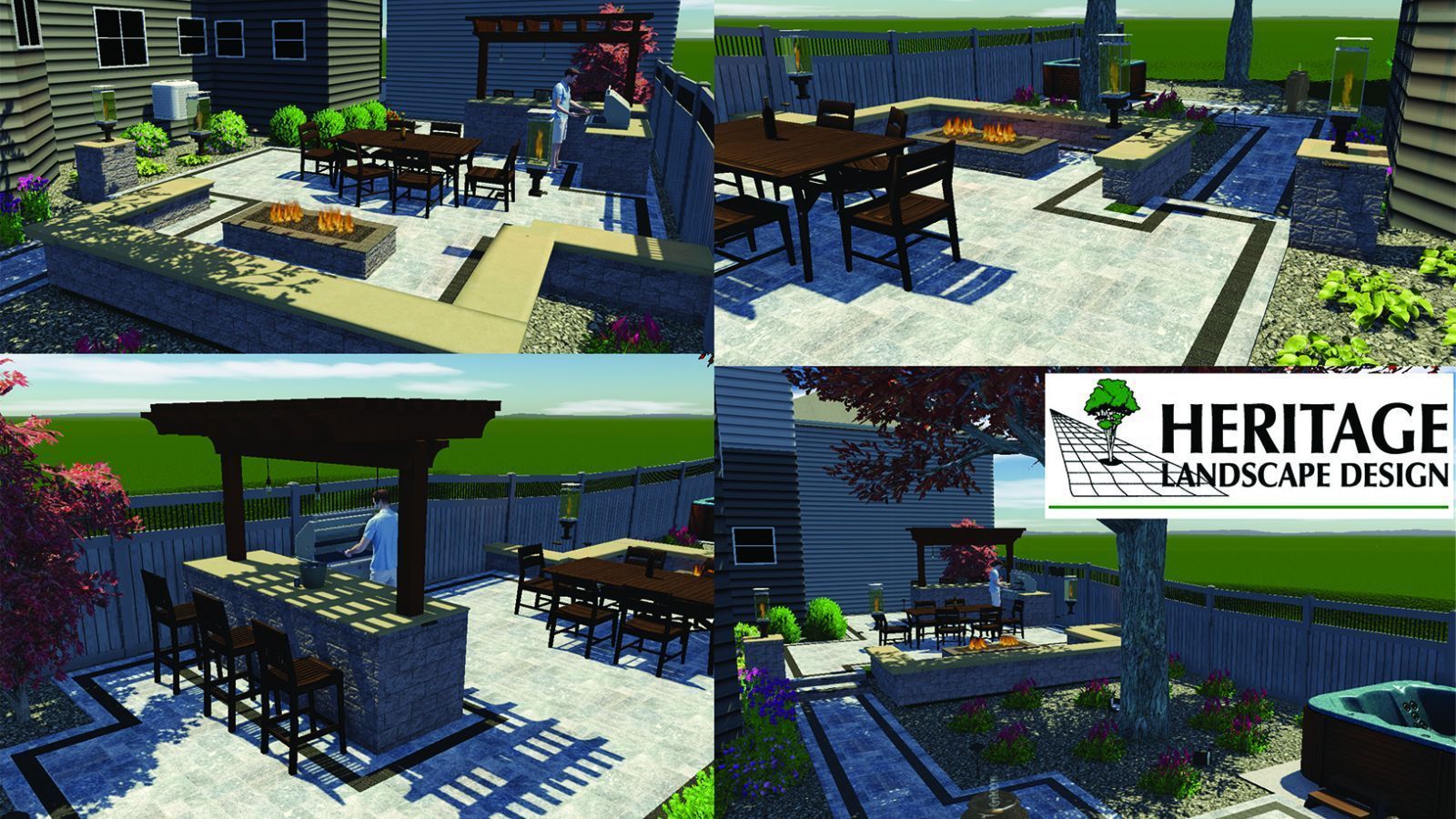 Four views of a backyard landscape design. It features a patio, seating areas, fire pit, and bar, with a house and greenery in the background.