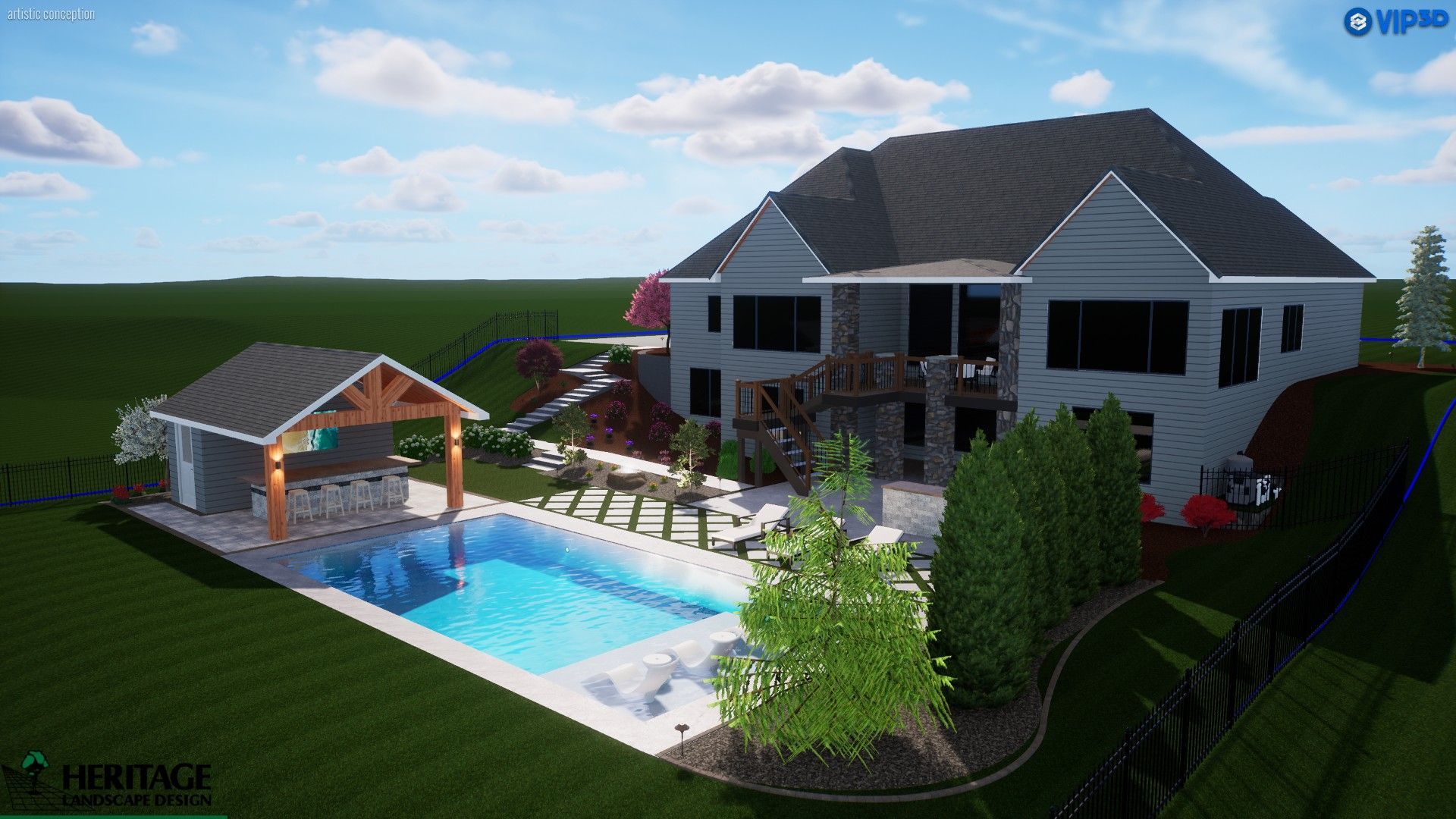3D rendering of a backyard with a pool, outdoor kitchen, and a two-story house. Landscaping and fencing are also visible.